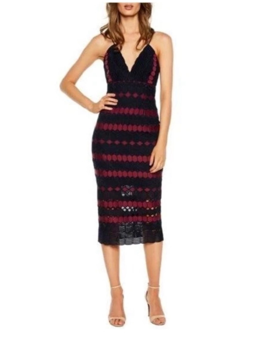 Bardot Women’s Sz 10 Diamond Lace Cocktail Sheath Midi Dress Crochet Navy Pink
